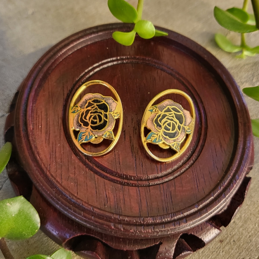 Vintage gold toned enamel rose clip on earrings